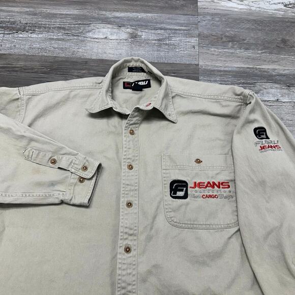 Vintage Y2K Fubu Jeans Collection‎ Cream Mens XL Hip Hop Button Up Denim Shirt - Picture 1 of 9